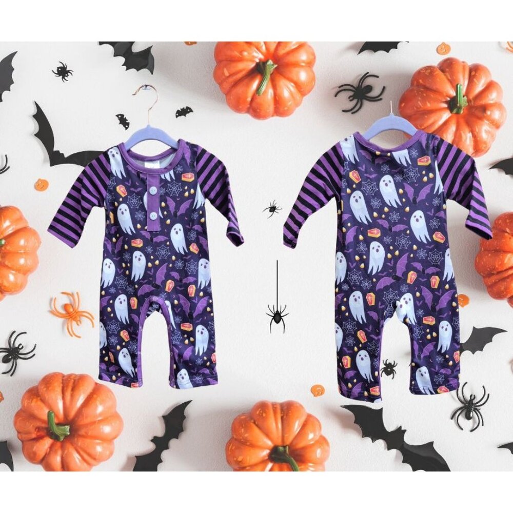 Halloween Baby Romper 3M Purple Ghost & Candy Print With Striped Sleeves Cotton/